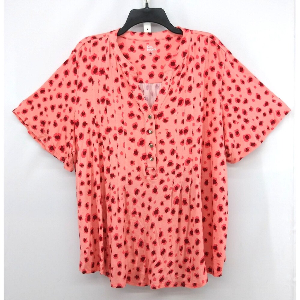 Kim Rogers Shirt Women Size 2X Coral Animal Print Short Sleeve Split V Neck Top
